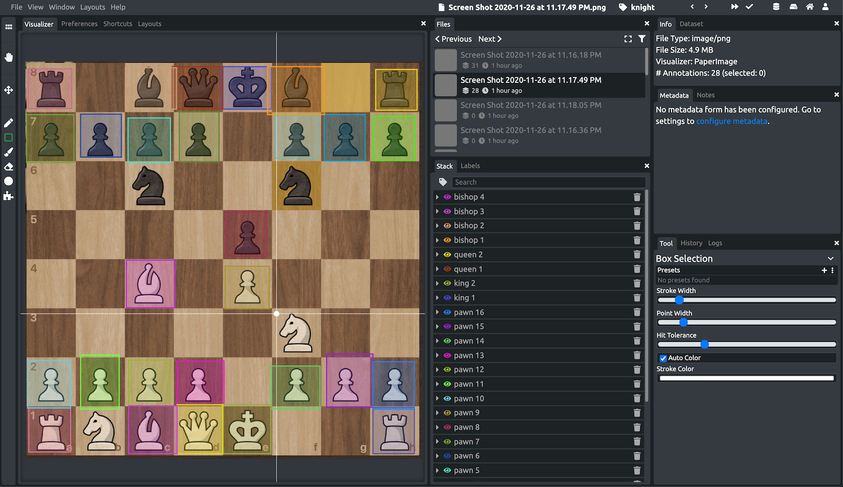 DataTorch annotator, annotating a chess board with an annotation for each chess piece.
