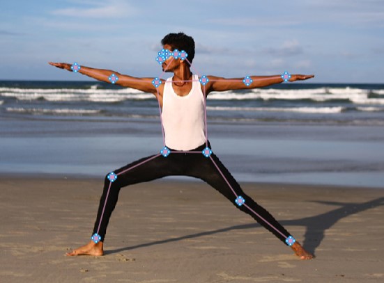 Man posing during yoga, keypoints annotate his form.