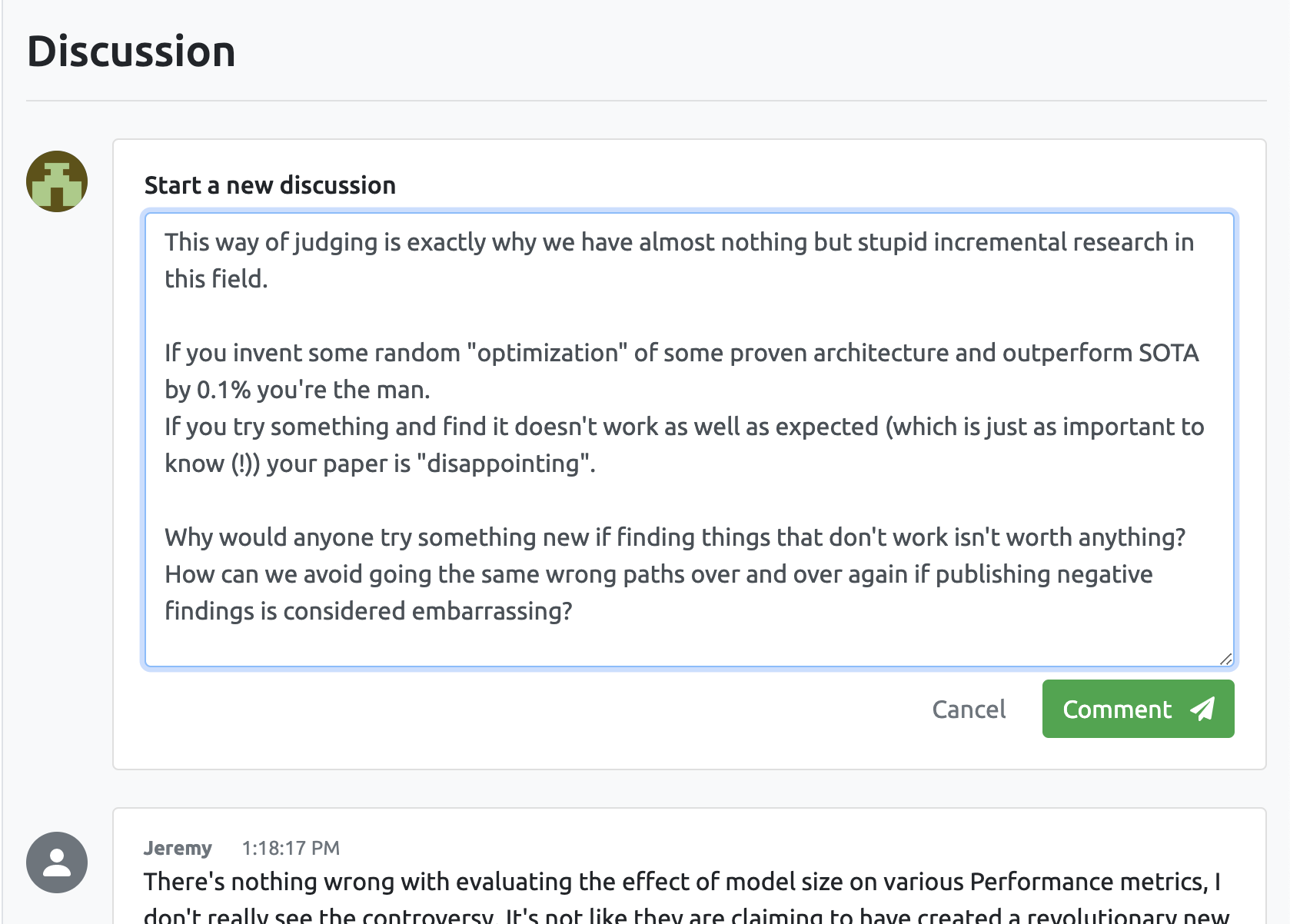 Discussion page showing a debate on negative test results in data science.