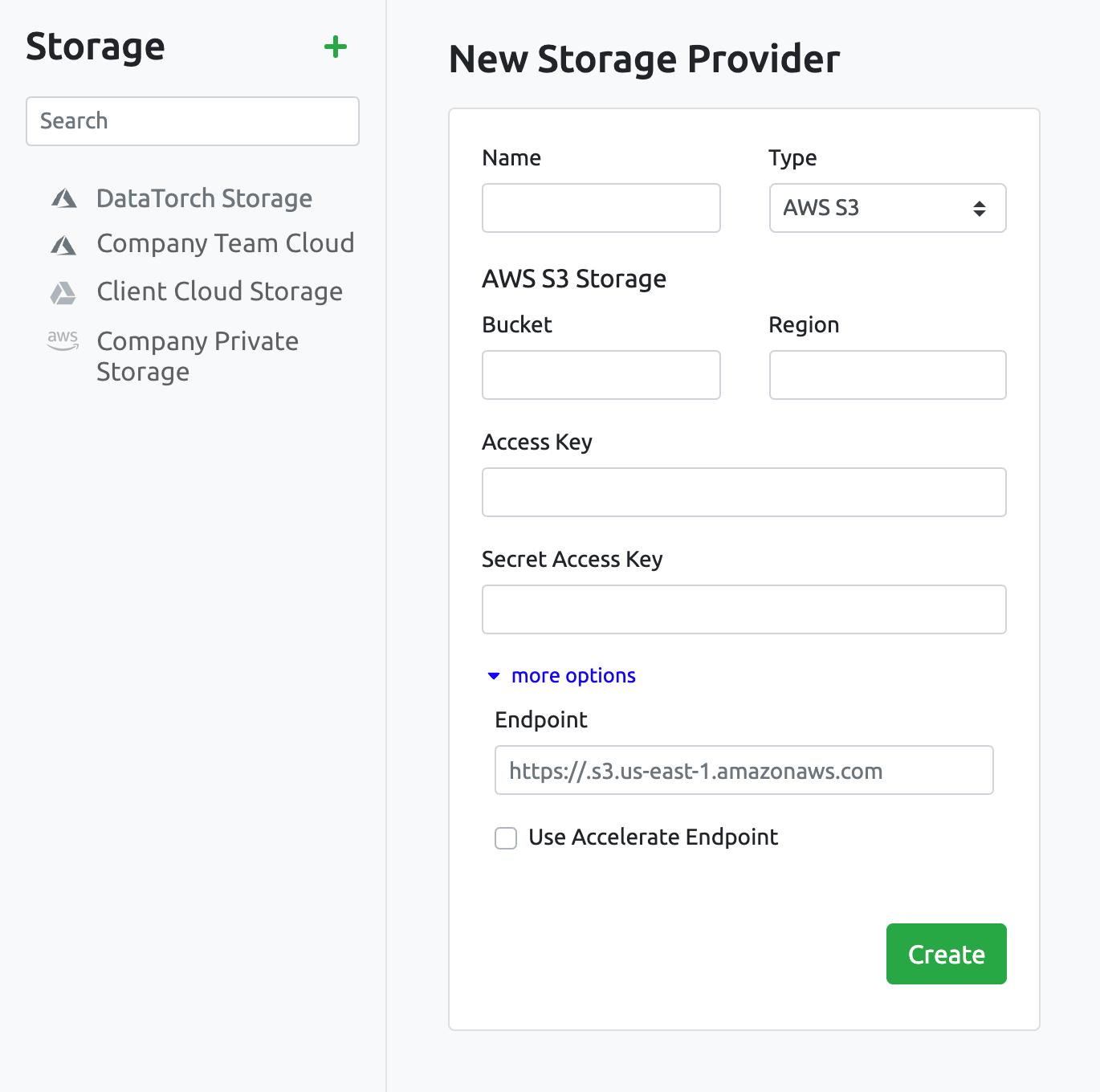 Interface for adding a storage provider to DataTorch.