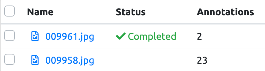 List of two images, showing annotation completion status and annotation count.