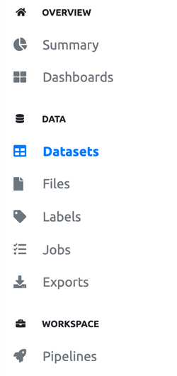 Sidebar menu illustrating the different parts of a DataTorch project.