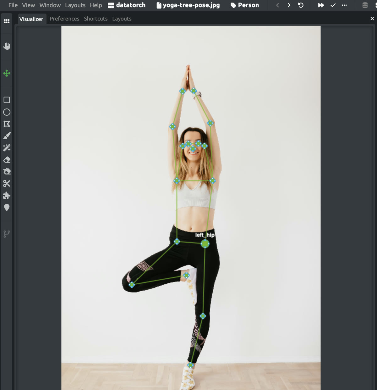 DataTorch keypoint annotation tool with a 17-point COCO person skeleton drawn on a photo of a yoga tree pose, the left_hip keypoint highlighted with its name label