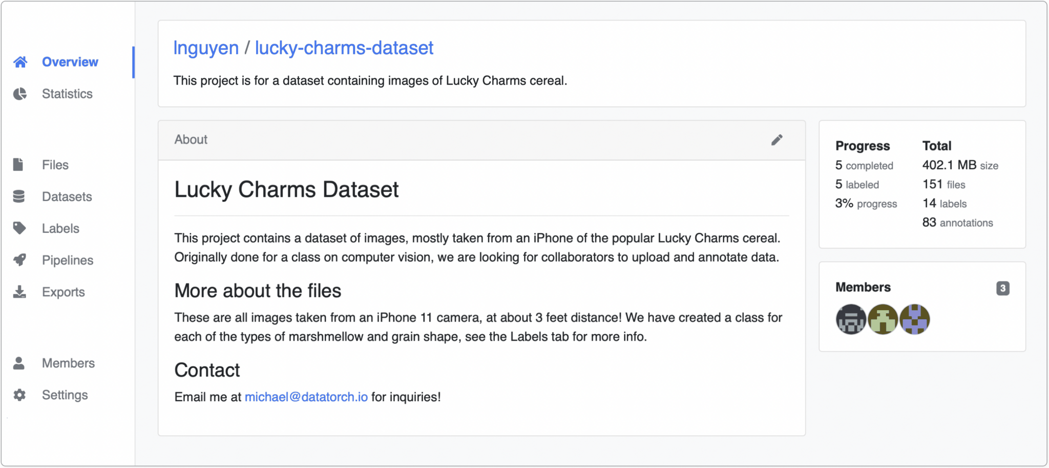 A DataTorch project with datasets, files, and annotation counts